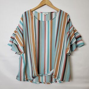 Umgee Womens Size M Blouse Stripe Blue Multicolor Short Flutter Sleeve Top